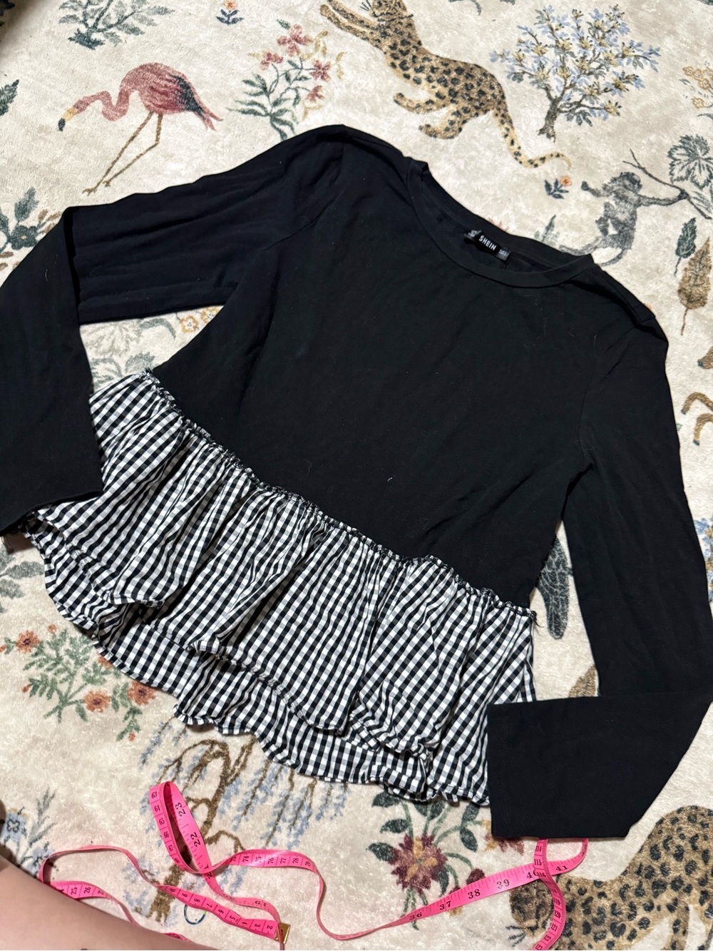 SHEIN Black Long Sleeve Top with Black & White Gingham Ruffle Hem